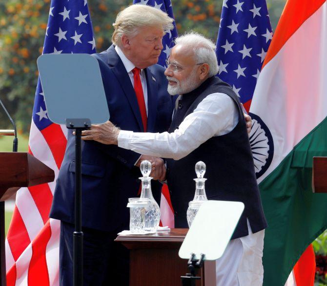 Prime Minister Narendra Damodardas Modi and US President Donald J Trump embrace after talks at Hyderabad House in New Delhi, February 25, 2020. Photograph: Adnan Abidi/Reuters