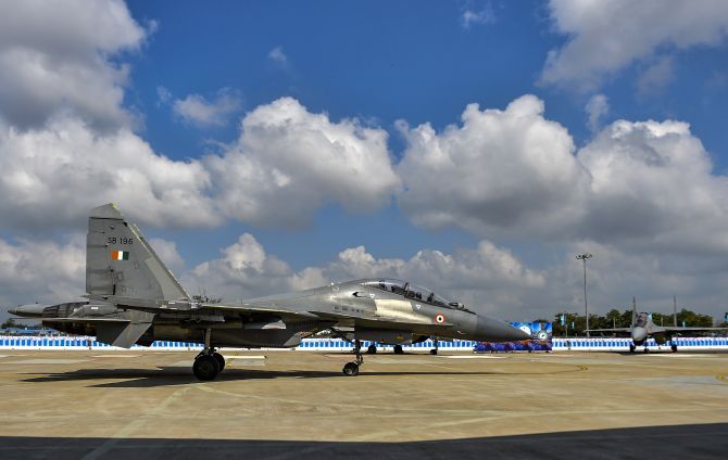Sukhoi-30MKI fighter aircraft squadron prepares to take off from the Indian Air Force's Thanjavur airbase, January 20, 2020.  Photograph: R Senthil Kumar/PTI Photo