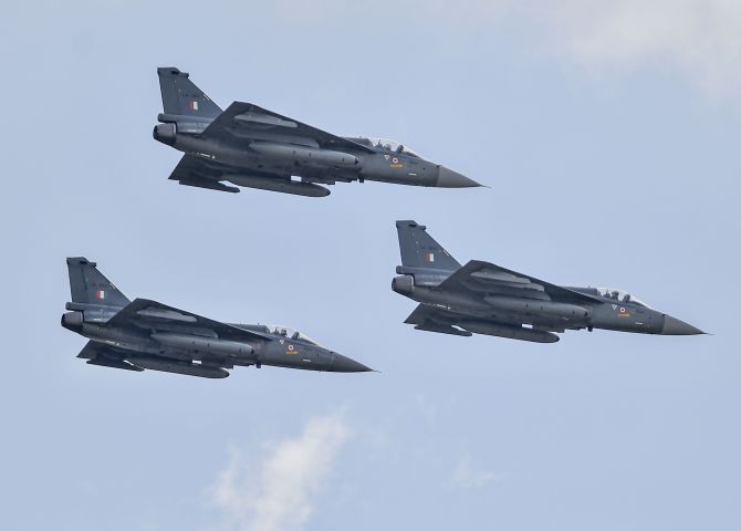 The IAF's Tejas aircraft at the induction ceremony of the first Sukhoi-30MKI fighter aircraft squadron at the Thanjavur airbase, January 20, 2020. Photograph: R Senthil Kumar/PTI Photo