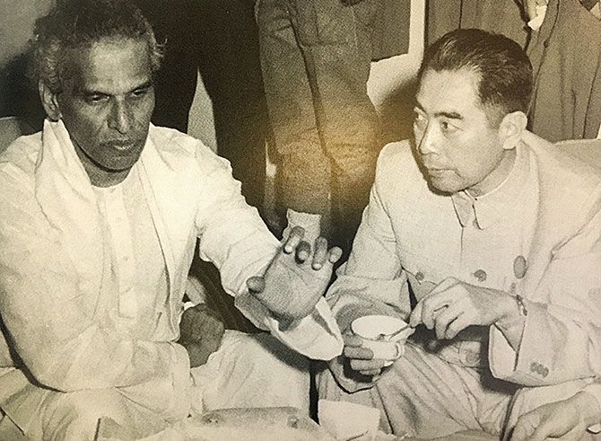 V K Krishna Menon with Chinese Premier Zhou EnLai at the Bandung conference, April 1955. Photograph: Kind courtesy A Chequered Brilliance, The Many Lives of Krishna Menon