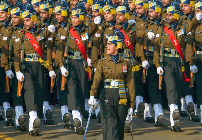 The Indian Army's Corps of Signals contingent, led by Captain Tania Shergill, marches during the Republic Day Parade, January 26, 2020. Photograph: Kamal Singh/PTI Photo