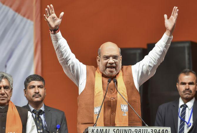 Union Home Minister Amit Anilchandra Shah addresses an election rally, ahead of the Delhi assembly election, in Trinagar, New Delhi, January 31, 2020. Photograph: Arun Sharma/PTI Photo