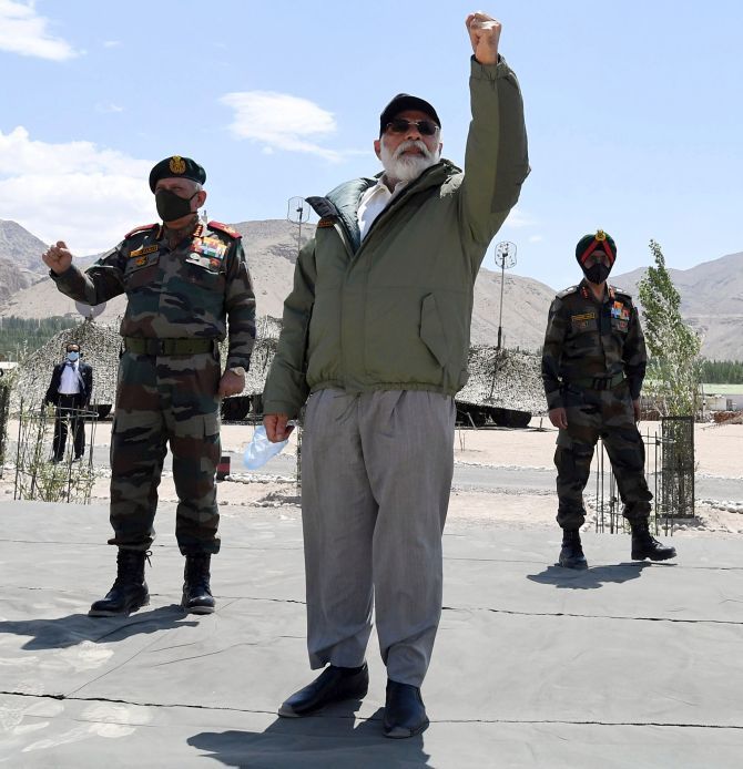 Prime Minister Narendra Damodardas Modi visits Indian Army soldiers in Ladakh, July 3, 2020. Photograph: ANI