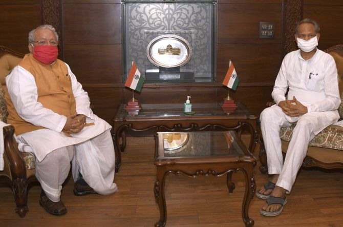 Rajasthan Governor Kalraj Mishra and CM Ashok Gehlot (right)