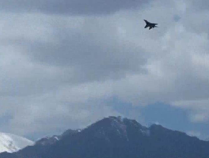 An Indian Air Force flighter jet seen flying over the Ladakh