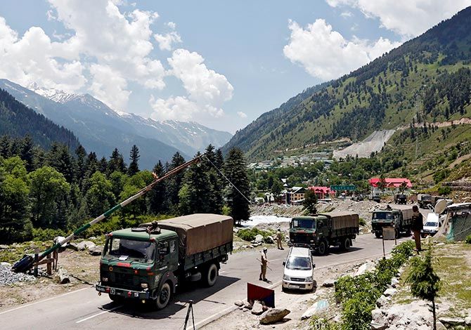  Indian Army trucks move along a highway leading to Ladakh, June 17, 2020. Photograph: Danish Ismail/Reuters