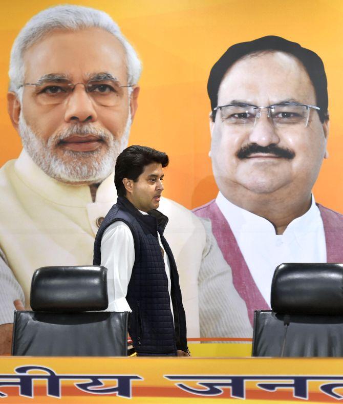 Jyotiraditya Scindia arrives to join the Bharatiya Janata Party at the BJP headquarters in New Delhi, March 11, 2020. Photograph: Arun Sharma/PTI Photo