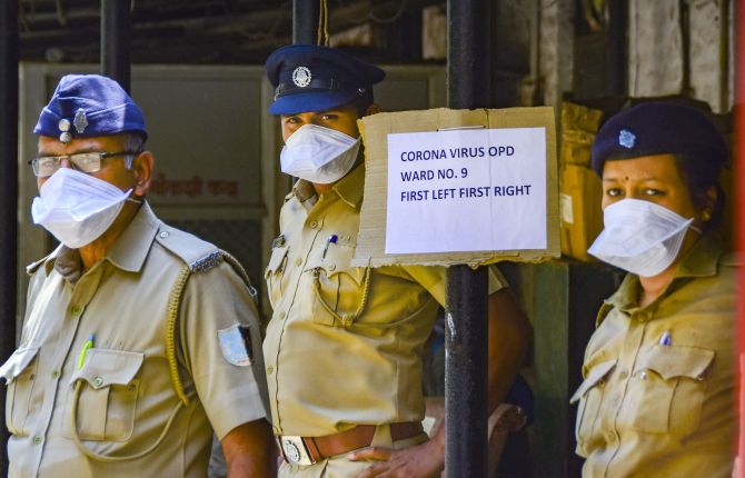 Security personnel at the Kasturba hospital in Mumbai, which tests individuals for coronavirus, March 15, 2020. Photograph: PTI Photo