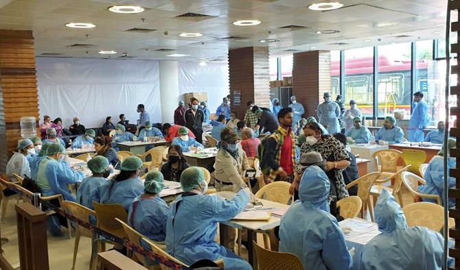 Screening of passengers at Delhi airport, March 22, 2020. Photograph: PTI Photo