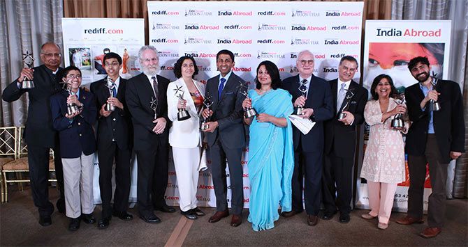 Judge Sri Srinivasan, centre, and other winners of the India Abroad Person of the Year Awards, June 21, 2014.