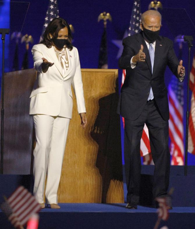 United States President-elect Joe Biden and Vice President elect Kamala Harris at their victory rally in Wilmington, Delaware, November 7, 2020. Photograph: Jim Bourg/Reuters