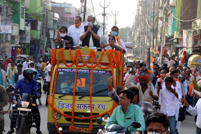 Bharatiya Janata Party leader and Bihar's Deputy Chief Minister Sushil Kumar Modi during an election campaign roadshow in Patna. Photograph: Kind courtesy Sushil Modi/Twitter