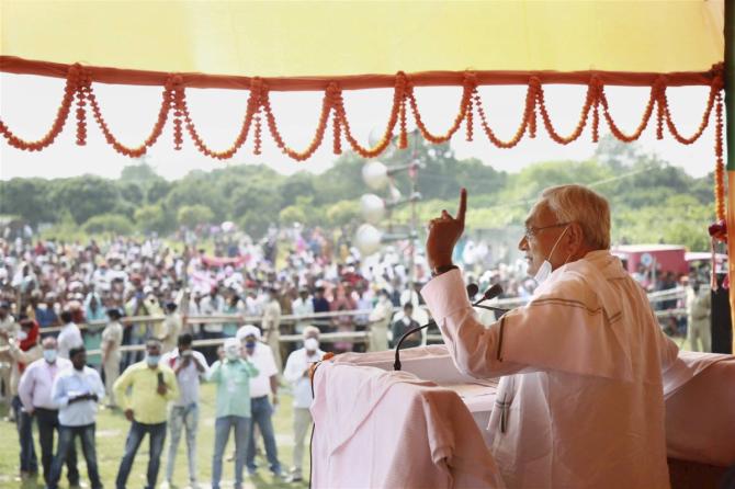 Bihar Chief Minister Nitish Kumar addresses an election meeting in Muzaffarpur 