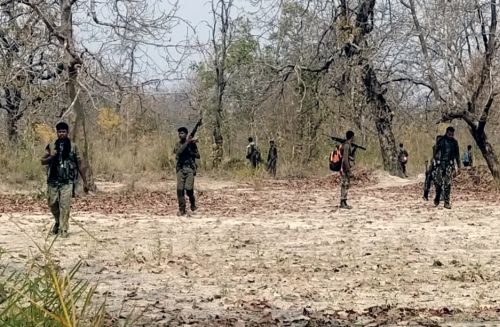 Security personnel at the spot of the attack in Jagdalpur