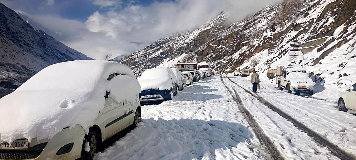 Vehicles stuck in traffic at Keylong, Lahaul and Spiti, yesterday