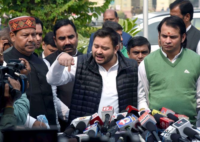 Leader of Opposition in Bihar Assembly Tejashwi Yadav speaks to the media on the first day of the Winter Session of Bihar assembly, in Patna on Monday