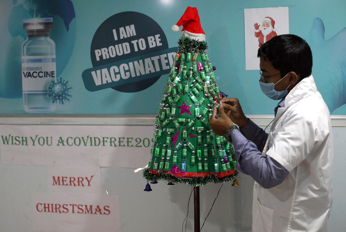 A Christmas tree of empty vials of Covishield vaccine
