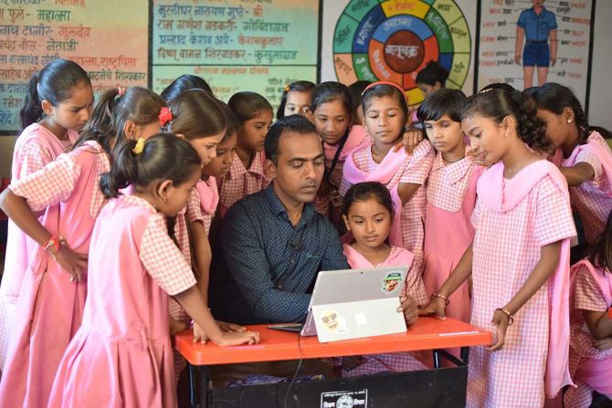 Ranjitsinh Disale, the winner of Global Teacher Prize 2020 engaged with his students at Paritewadi Zilla Parishad primary School