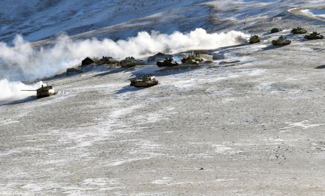 Indian and Chinese tanks disengage from the banks of the Pangong lake area in eastern Ladakh. Photograph: ANI Photo