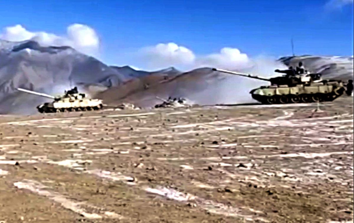  A video grab shows Chinese tanks disengaging from the Pangong Tso area.