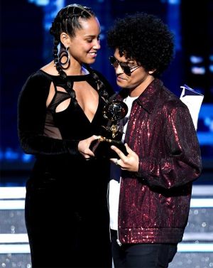 Alicia Keys with Bruno Mars. Pic: Kevin Winter/Getty Images for NARAS