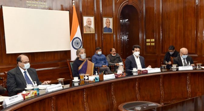 Union minister for finance and corporate affairs, nirmala sitharaman chairing the pre-budget consultations with the leading experts in infrastructure, energy and climate change. Photograph: ANI Photo