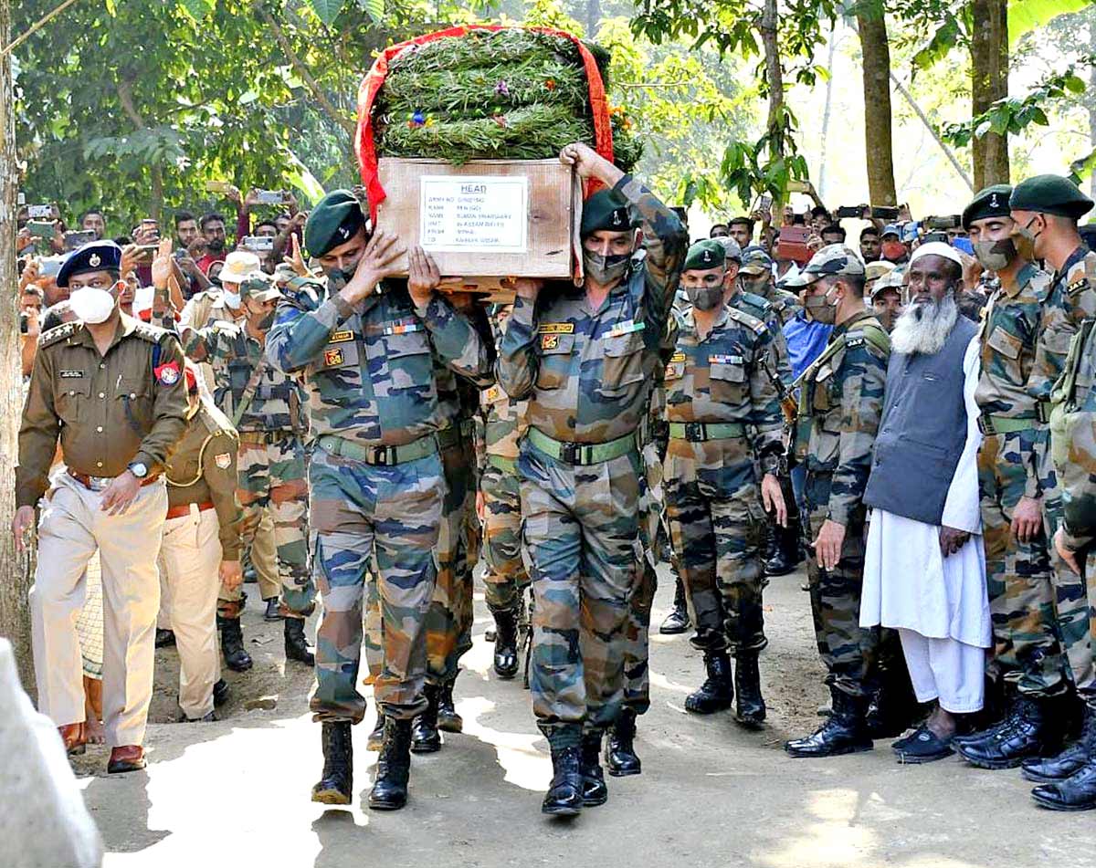 Army personnel carry mortal remains of Martyr Rifleman Suman Swargiary, in Baksa