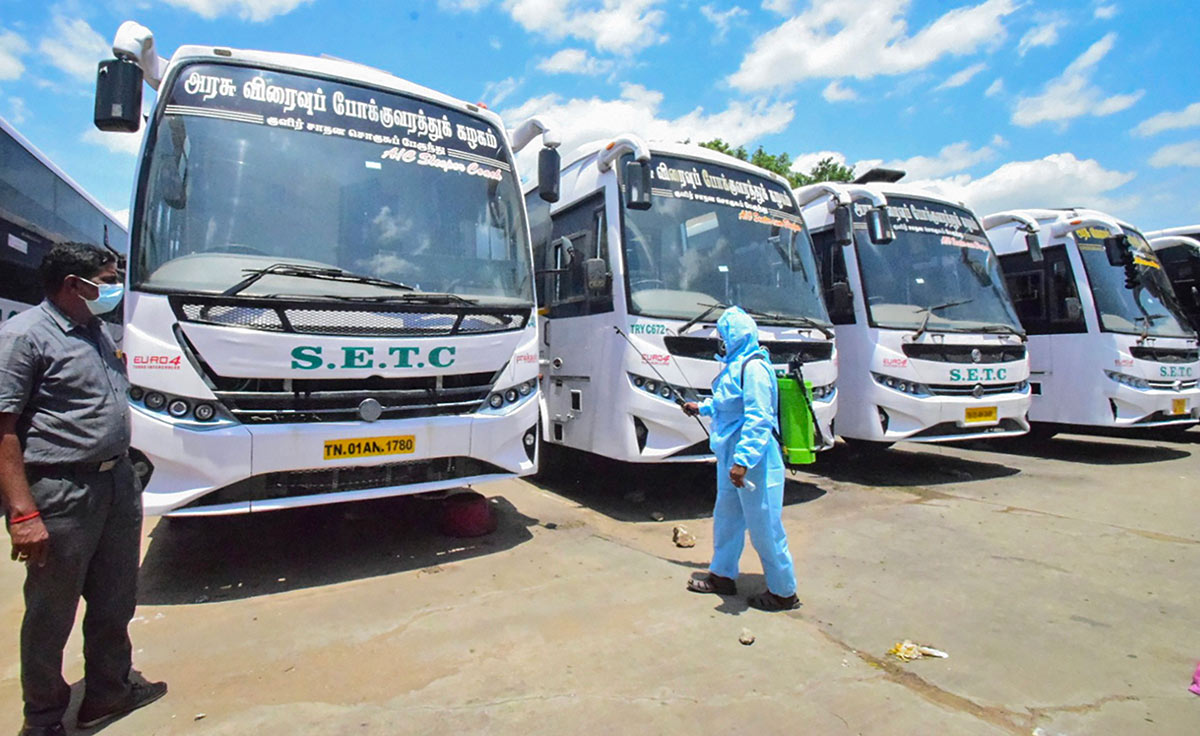 Buses being sanitised in Trichy, TN