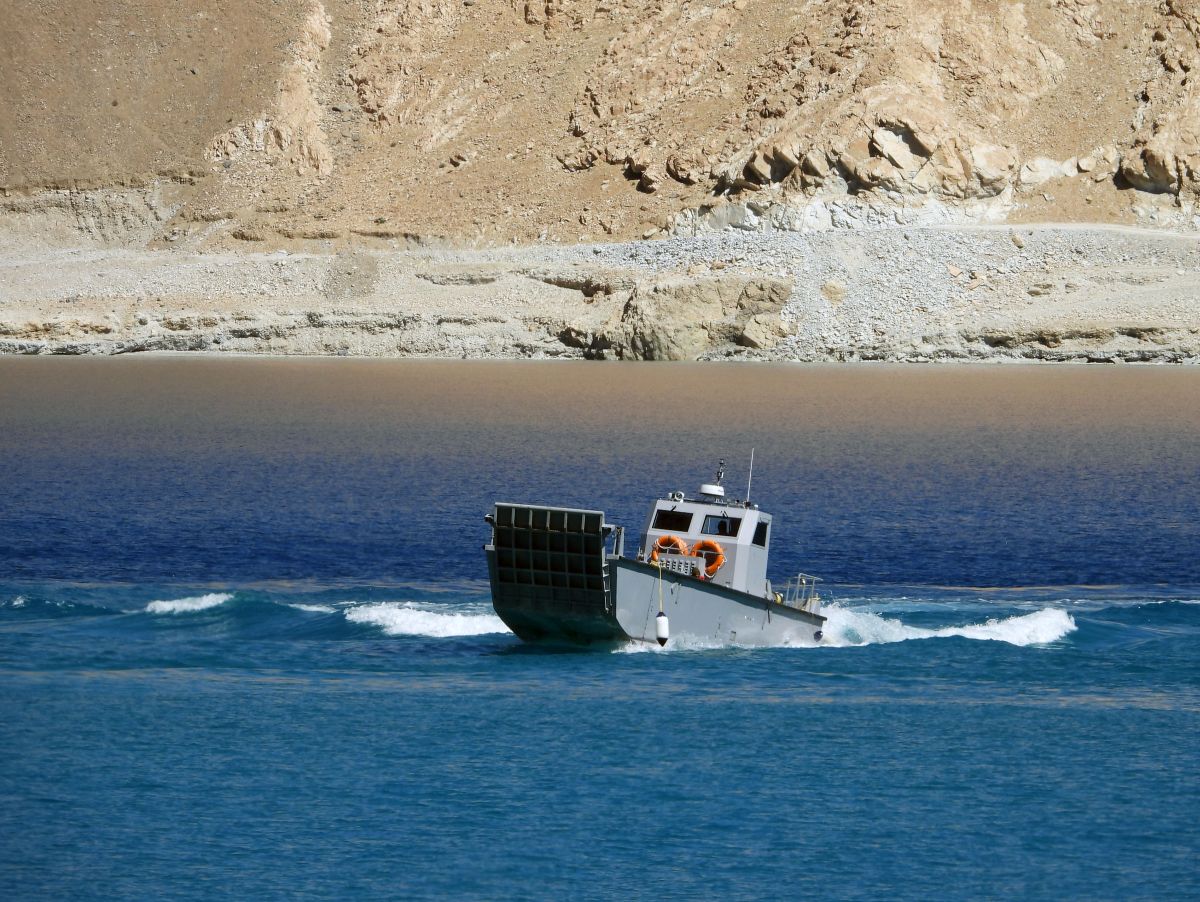 An Indian army boat at Pangong Tso