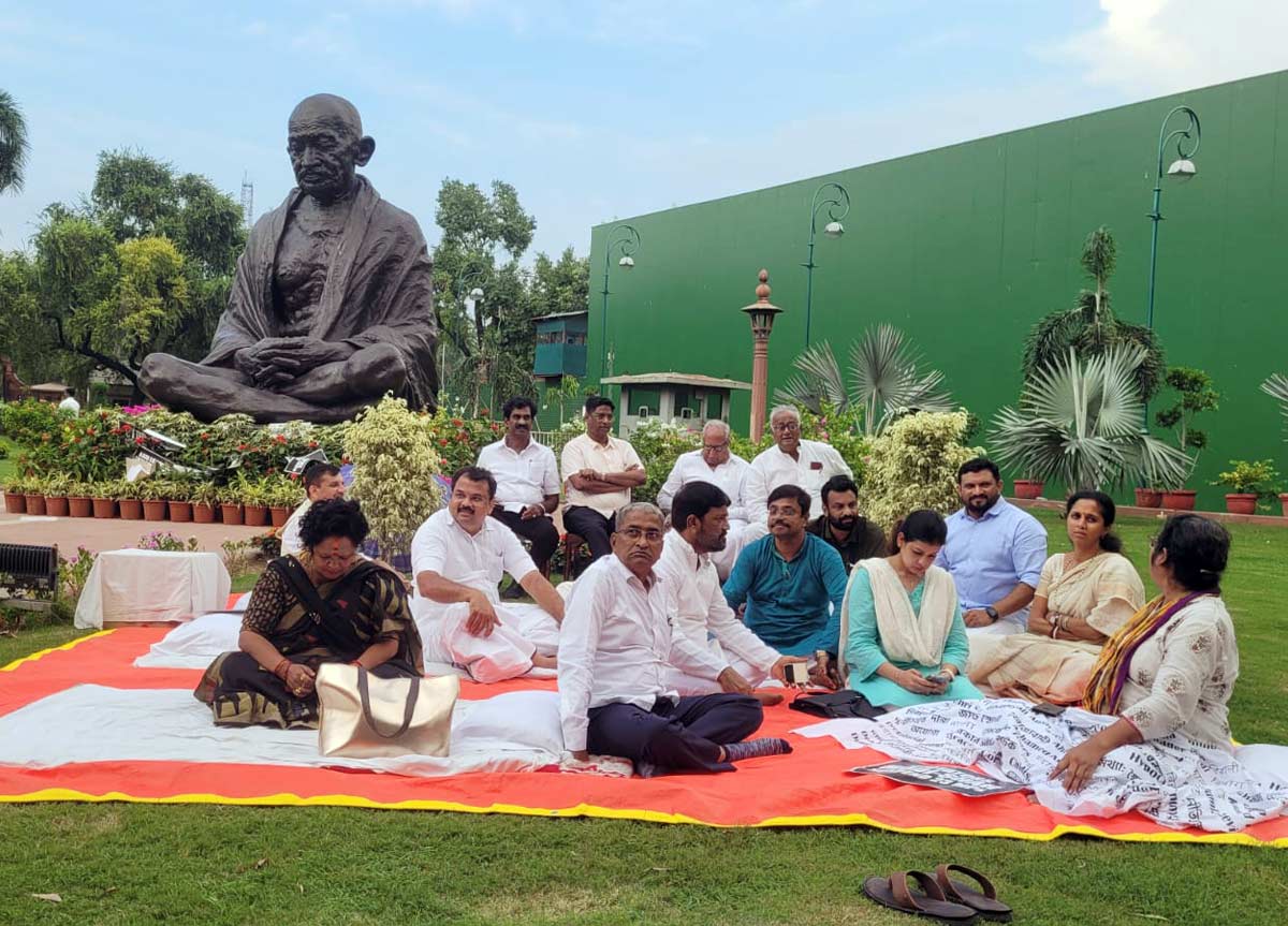 The Gandhi statue at which protests are normally held by MPs