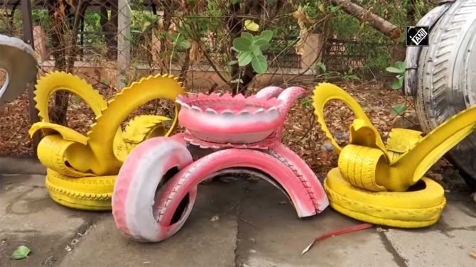 Puncture repair shop owner beautifies discarded tyres into art pieces