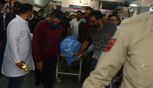 Rahul Bhat's body being taken from the hospital. Pic: Umar Ganie
