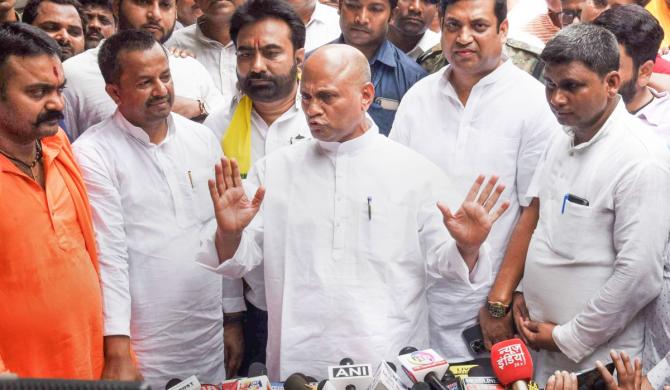  Ram Chandra Prasad Singh addresses the media in Patna, May 30, 2022. Photograph: PTI Photo