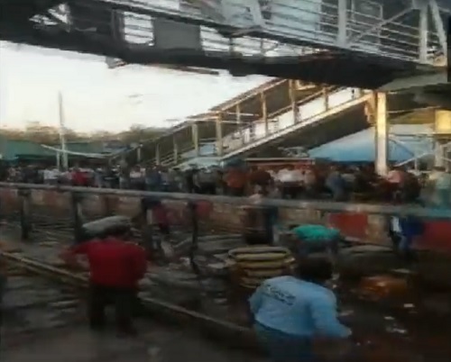 The collapsed foot-over-bridge at Balharshah railway station/ANI
