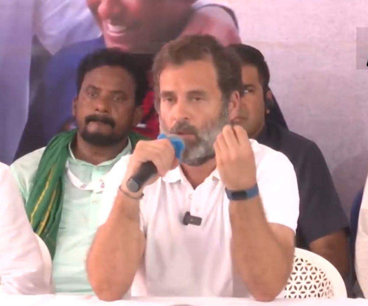 Rahul Gandhi speaks to the media in Adoni, AP