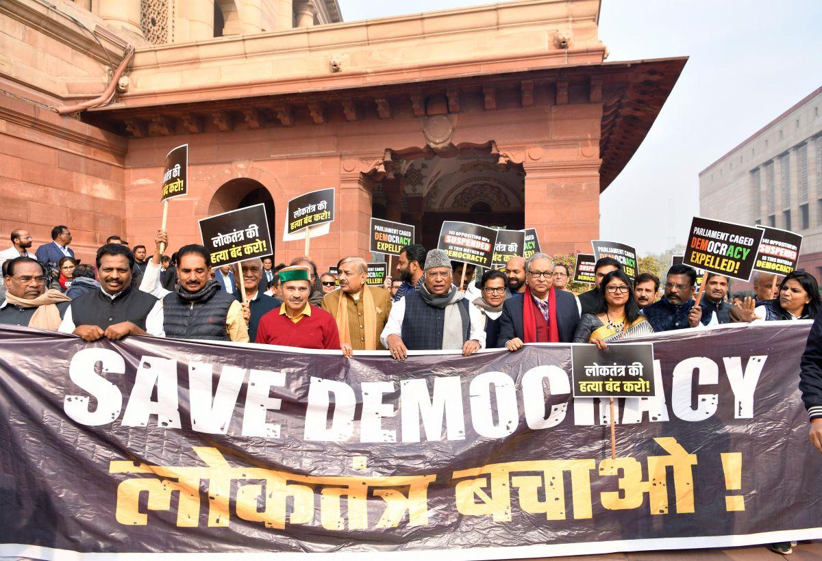 'Save Democracy': INDIA Bloc Protests Against MPs' Suspension - Rediff ...