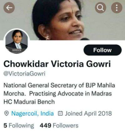 Victoria Gowri's Twitter page which has been deactivated