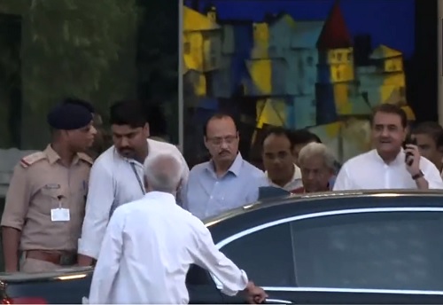 Maharashtra deputy CM Ajit Pawar (3rd from left) and Praful Patel come out of Delhi airport/ANI
