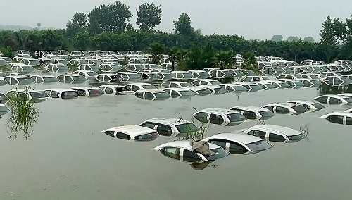 Cars submerged after flood in Hindon river, in Noida/ANI