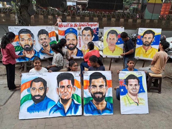 Art students at the Gurukul in Mumbai celebrate the World Cup 2023 final.