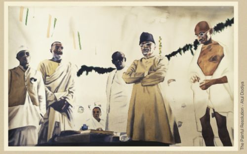 Atul Dodiya's painting of the Mahatma with Pt Nehru, Khan Abdul Ghaffar Khan, Sardar Vallabhbhai Patel and Maulana Azad