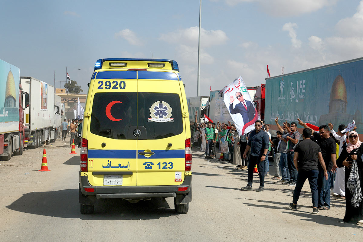 An ambulance in the convoy of Antonio Guterres at Rafah.  Amr Abdallah Dalsh/Reuters