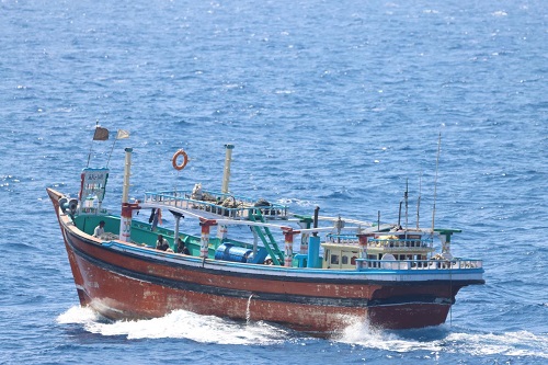 The dhow apprehended by Navy along with 940 kg narcotics from Arabian Sea/Courtesy Indian Navy on X