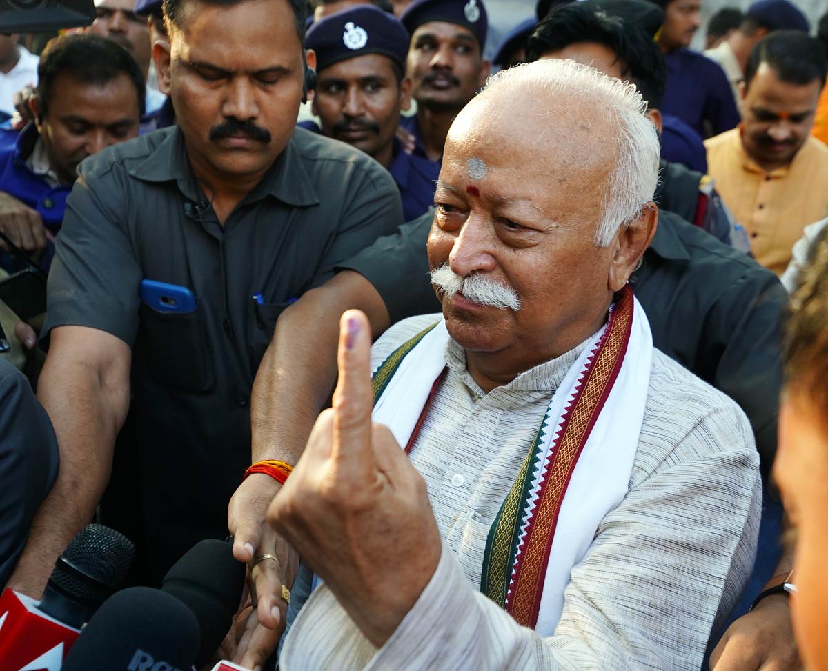 RSS chief Mohan Bhagwat after casting his vote at a polling station, in Nagpur/ANI Photo
