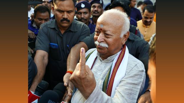 RSS chief Mohan Bhagwat after casting his vote at a polling station, in Nagpur/ANI Photo