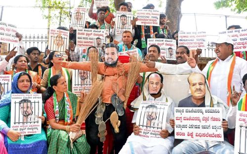 Congress supporters demand the arrest of Prajwal Revanna