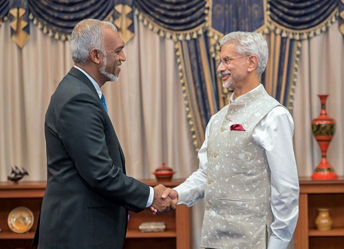 External Affairs Minister S Jaishankar meets with Maldives President Mohamed Muizzu, in Maldives/ANI Photo