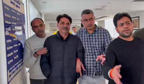 AAP MLA Naresh Balyan (second from left) being produced before a court in New Delhi, on Sunday/ANI Photo