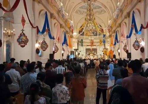 People attend midnight mass prayers at Sacred Heart Basilica Church on the occasion of Christmas in Puducherry/ANI on X