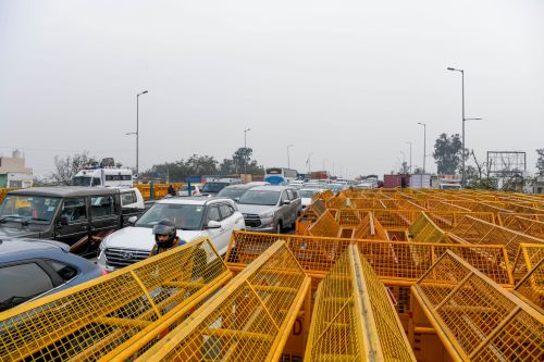 Barriers blockade the roads at the Singhu border